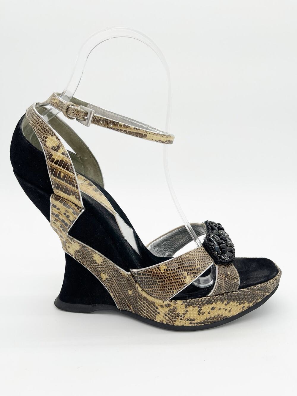 Prada Retro Black Reptile Embossed Suede Crystal Platform Wedge Sandals IT 38.5